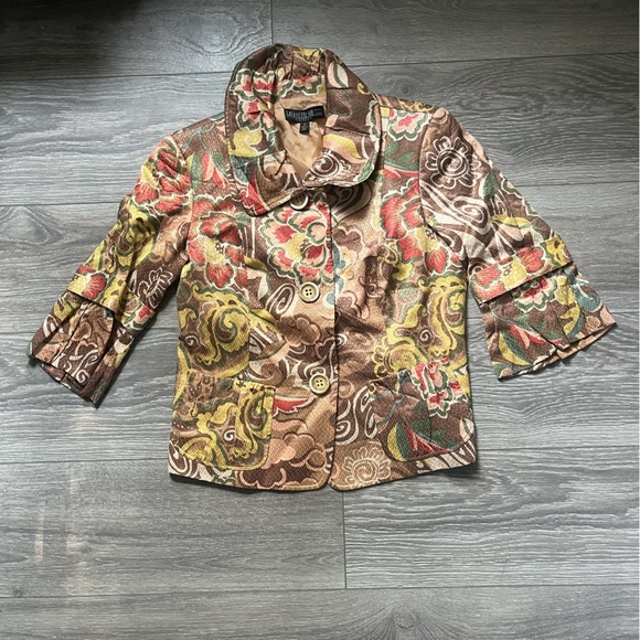 Lafayette 148 Petite Ruffle Sleeve Brown Gold Pink Floral Blazer Size 8P Career - Picture 1 of 9